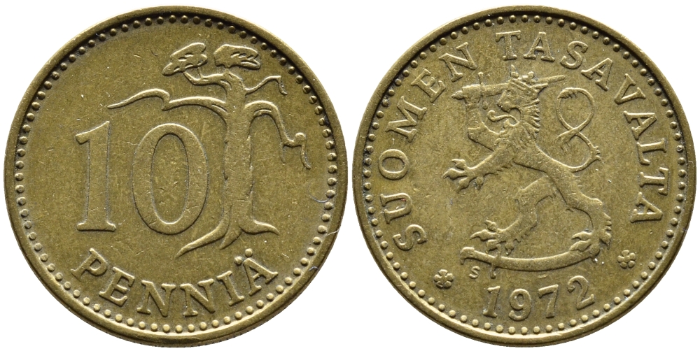 ФИНЛЯНДИЯ 10 ПЕННИ 1972 S KM 46 алюминиевая бронза 75-1668