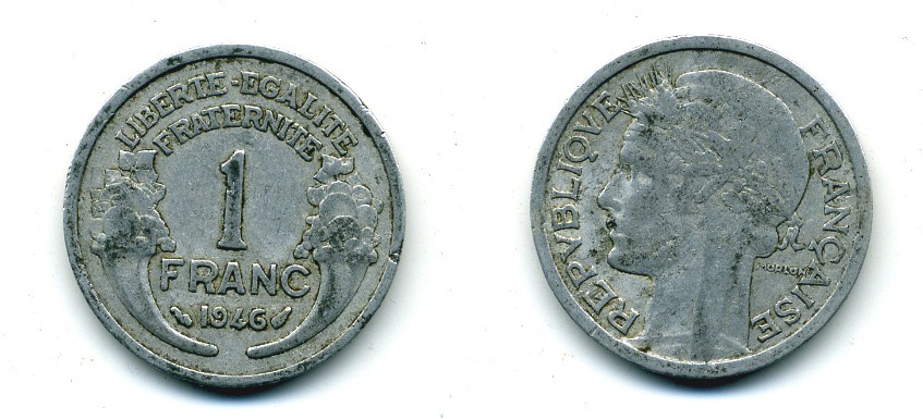 ФРАНЦИЯ 1 ФРАНК 1946 KM 885а.1 алюминий 84-455