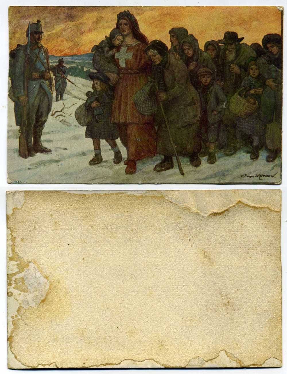 ШВЕЙЦАРИЯ ОТКРЫТКА ND I-АЯ МИРОВАЯ ВОЙНА, СОЛДАТЫ ОХРАНЯЮТ БЕЖЕНЦЕВ С МАТЕРЬЮ-ШВЕЙЦАРИЕЙ бумага 2193-44