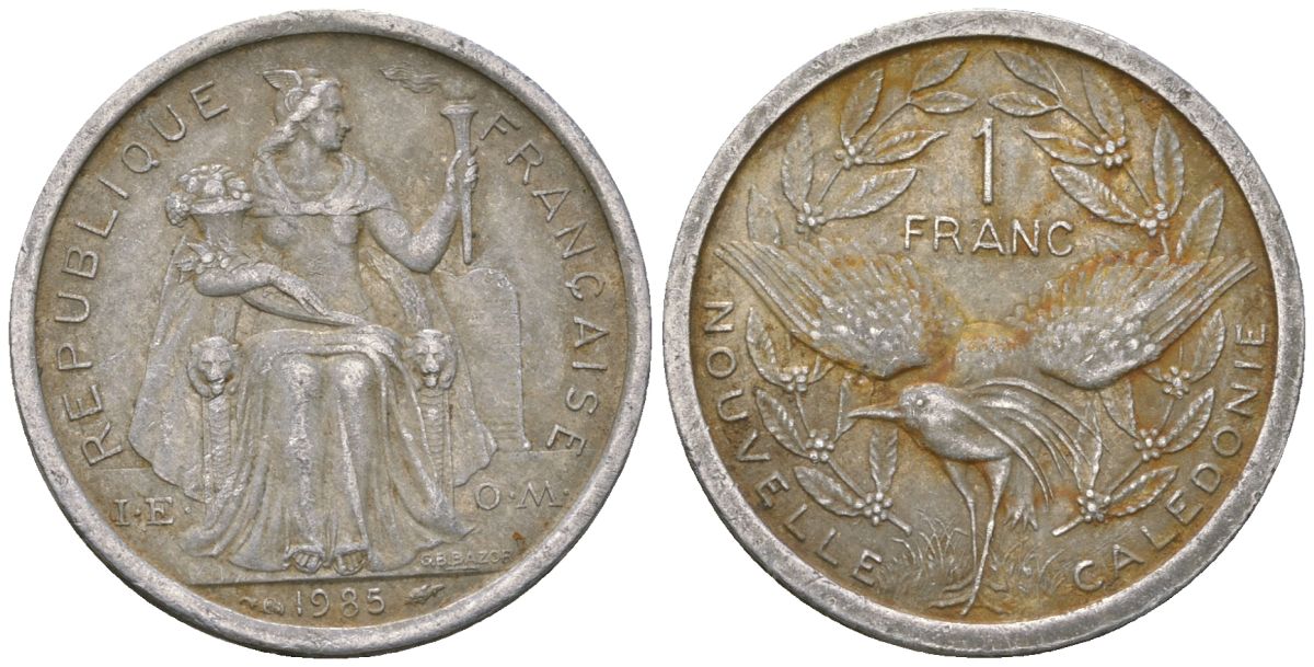 Французская Новая Каледония 1 франк 1985 птица кагу, (IEOM) KM 10, Schoen 10, Lec 47 алюминий 51-2744