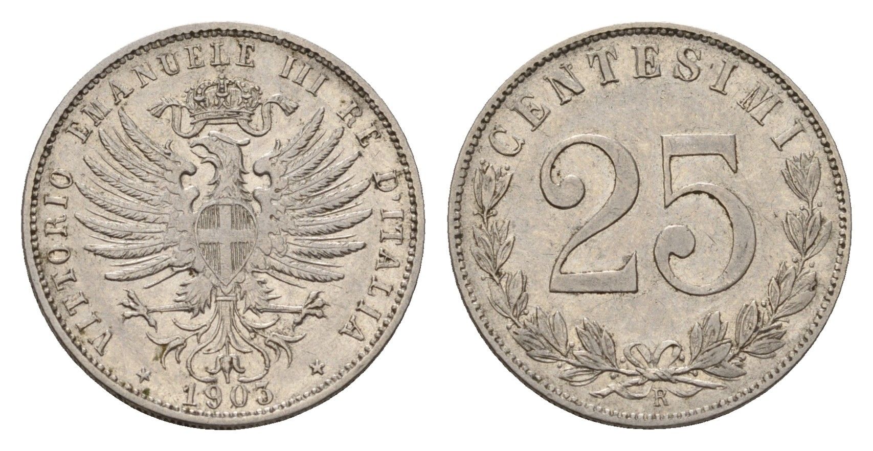 Италия 25 чентезимо 1903 R, Виктор Эммануил III (1900-1946) KM 36 никель 413-1941