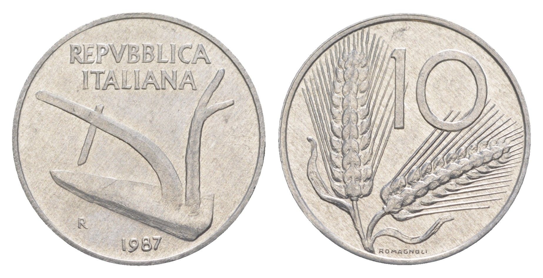 Италия 10 лир 1987 R, плуг, колосья KM 93 алюминий UNC 4551-943