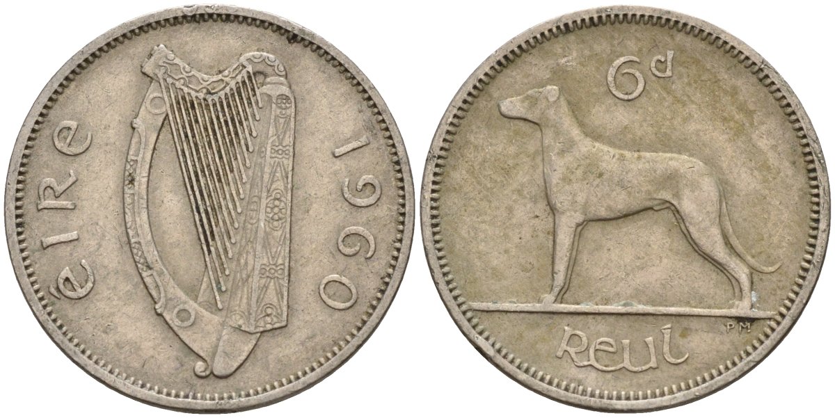 Ирландия 6 пенсов 1960 ирландский волкодав KM 13a медно-никель 4146-447