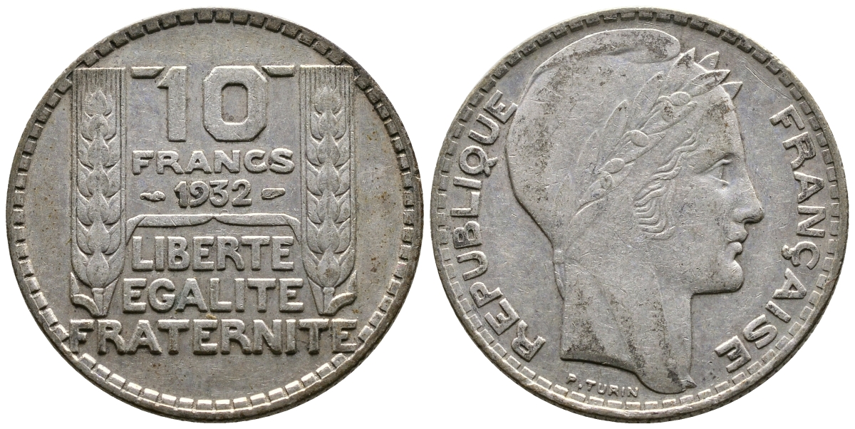 Франция 10 франков 1932 Пьер Тюрен KM 878, Le Franc 360.5 серебро 4683-1033