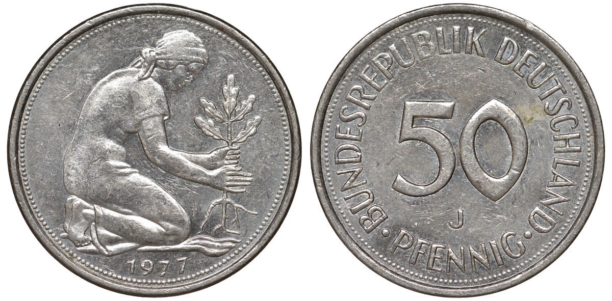 ФРГ 50 пфеннигов 1977 J женщина сажающая дуб KM 109.2 медно-никель 51-841
