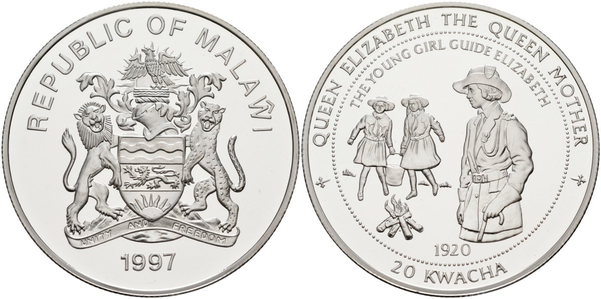 Малави 20 квача 1997 серия королева Елизавета-королева мать, Елизавета вожатая KM 36 серебро PROOF 1098-2-13