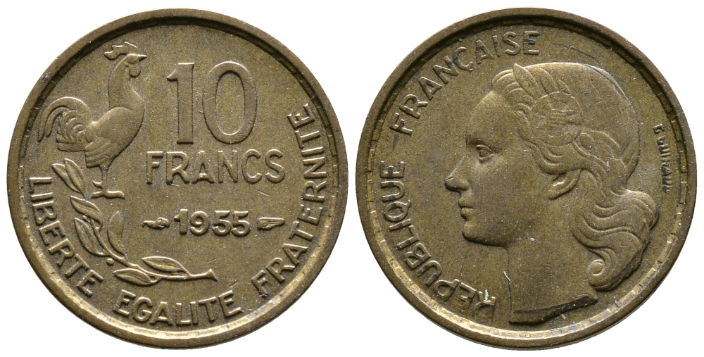 ФРАНЦИЯ 10 ФРАНКОВ 1955 KM 915.1 алюминиевая бронза 51-916