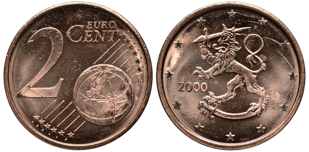 ФИНЛЯНДИЯ 2 ЕВРОЦЕНТА 2000 KM 99 сталь плакированная медью UNC 4181-445