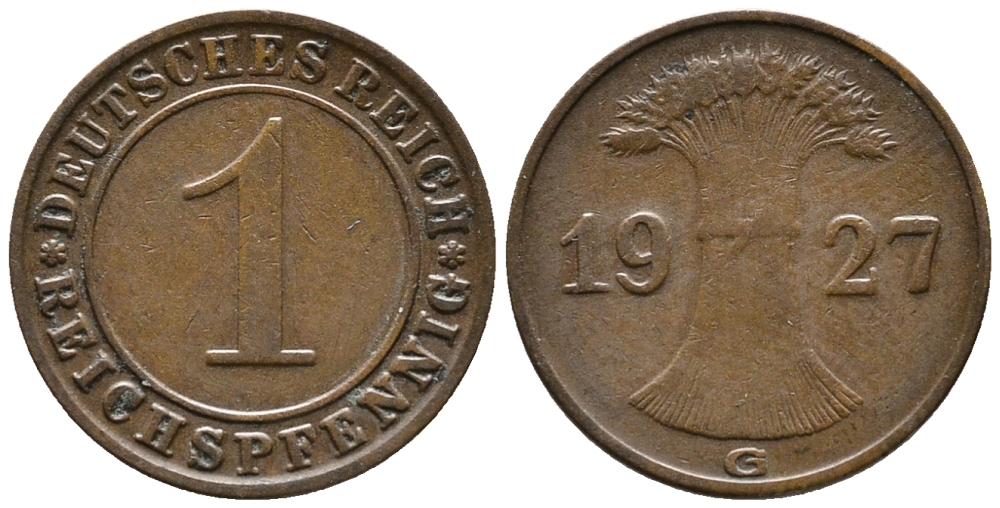 ГЕРМАНИЯ 1 РЕЙХСПФЕННИГ 1927 G KM 37, J. 313 бронза 39-942