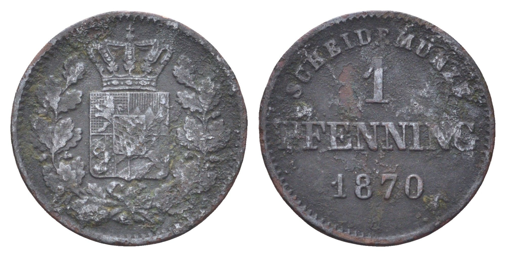 Бавария 1 пфенниг 1870 Людвиг II (1864-1886) KM 856 медь 4708-521