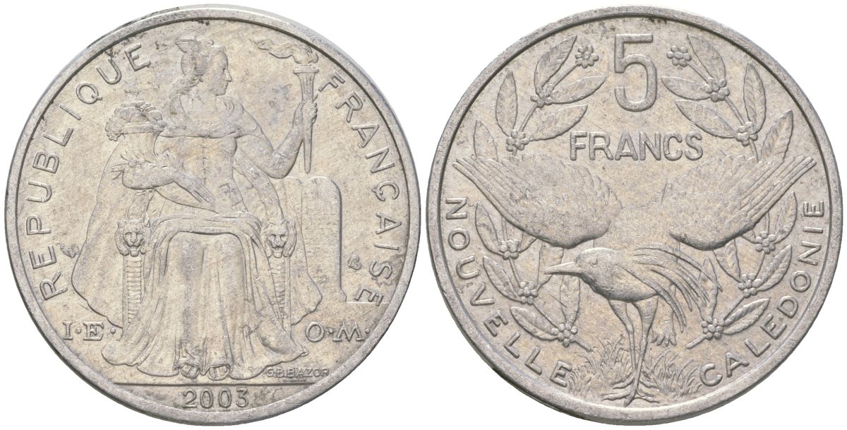 Французская Новая Каледония 5 франков 2003 птица кагу, (IEOM) KM 16, Schoen 12, Lec 81h алюминий 189-1134