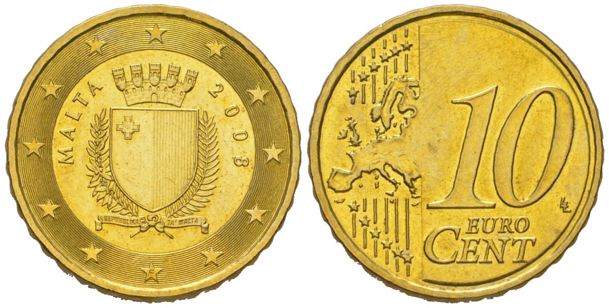 Мальта 10 евроцентов 2008 F KM 128 нордик UNC 4551-1057