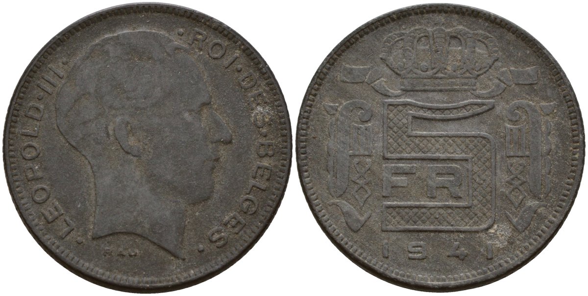 Бельгия 5 франков 1941 Des Belges, Леопольд III (1934-1947) KM 129 цинк 4161-933
