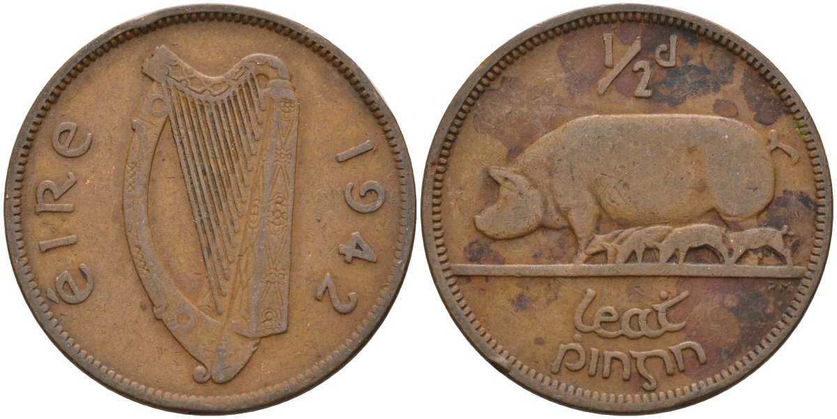 Ирландия 1/2 пенни 1942 свинья с поросятами KM 10 бронза 4146-537