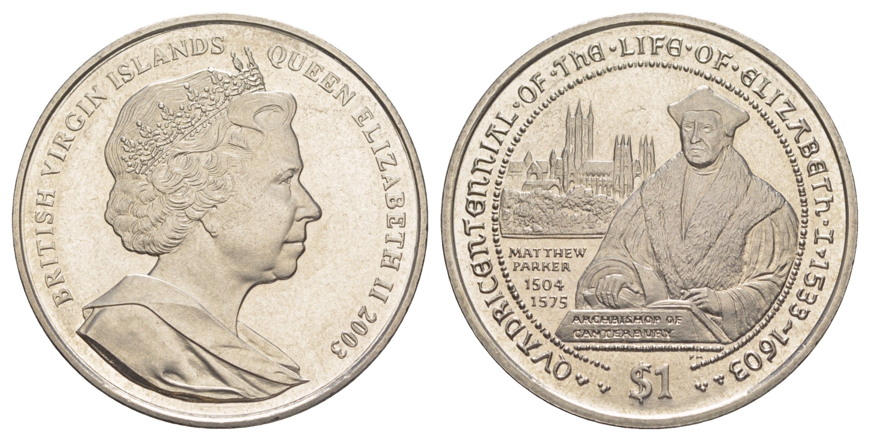 Британские Виргинские острова 1 доллар 2003 400 лет со дня смерти Королевы Елизаветы I, Мэттью Паркер KM 235 медно-никель BU 1521-515