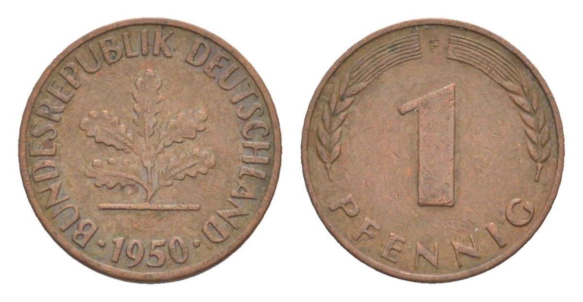 ФРГ 1 пфенниг 1950 F KM 105, J.380 сталь плакированная медью 4630-842