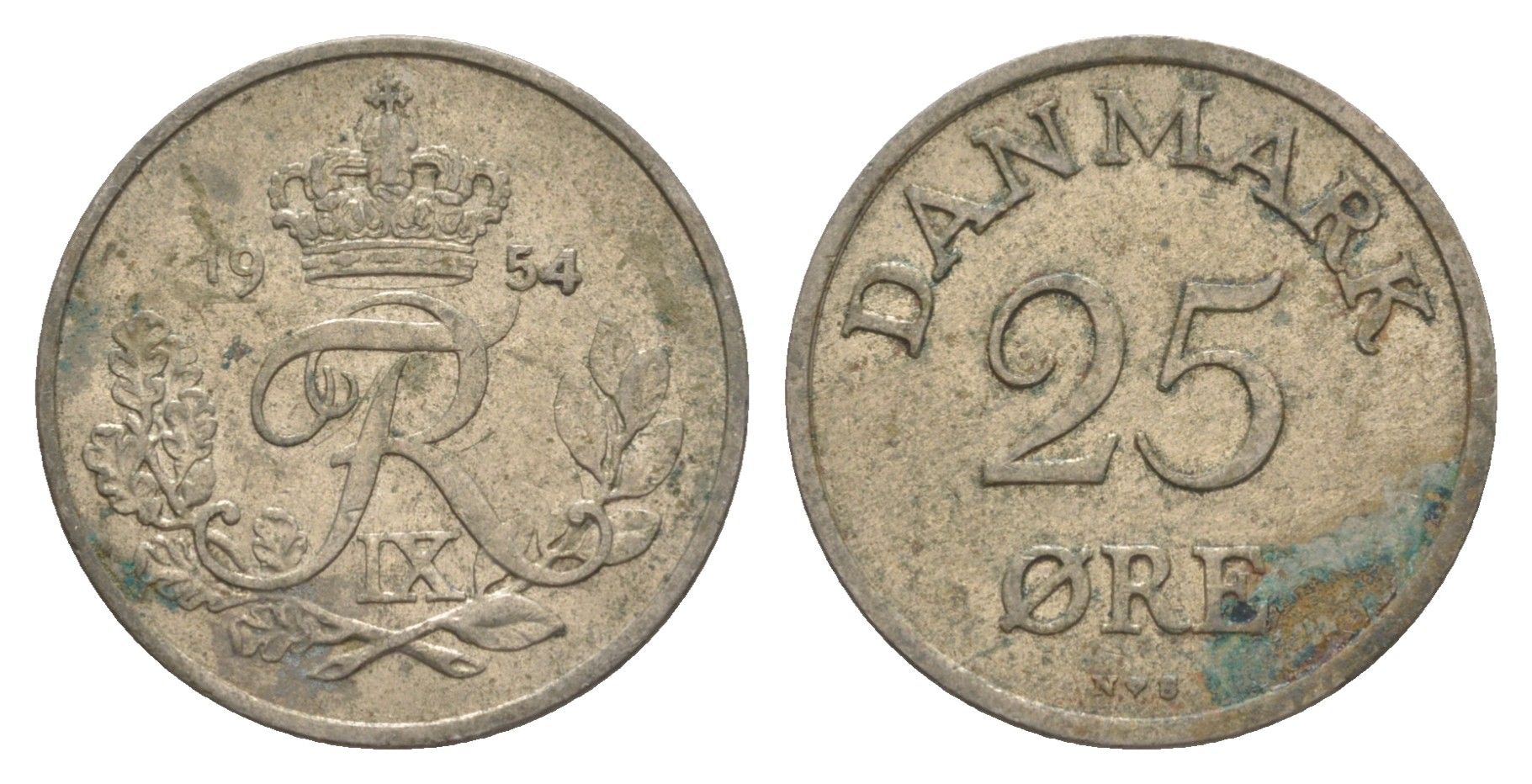 Дания 25 эре 1954 N; S, Фредерик IX (1947-1972) KM 842.1 медно-никель 4529-845