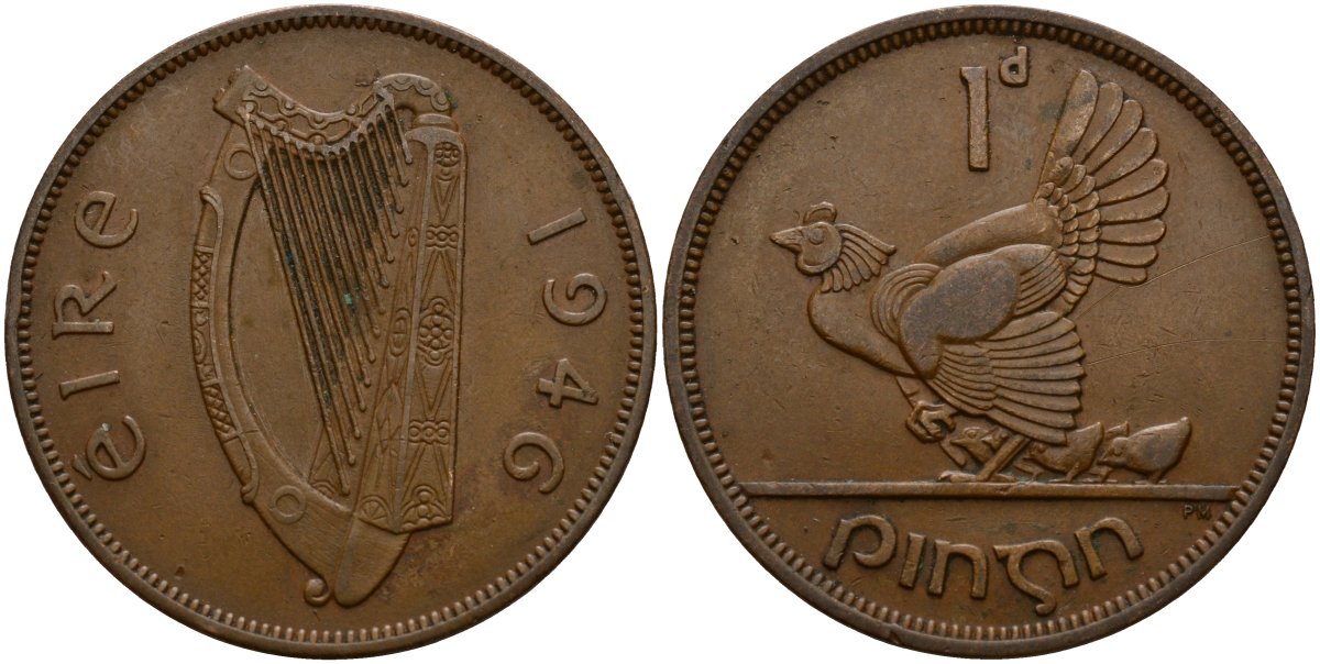 Ирландия 1 пенни 1946 курица с цыплятами KM 11 бронза 4157-1113