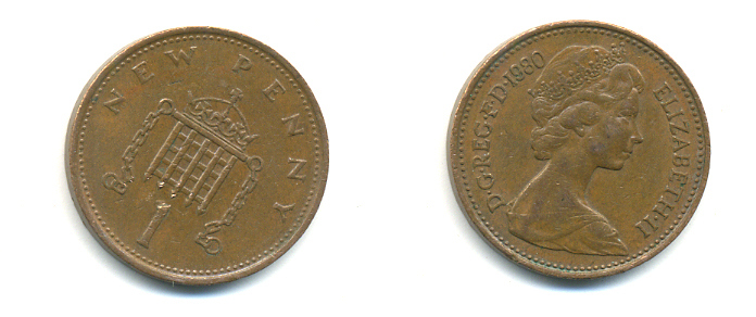 Великобритания 1 пенни 1980 Елизавета II (1952-2022) KM 915, Spink 4237 (B1) бронза 177-1121