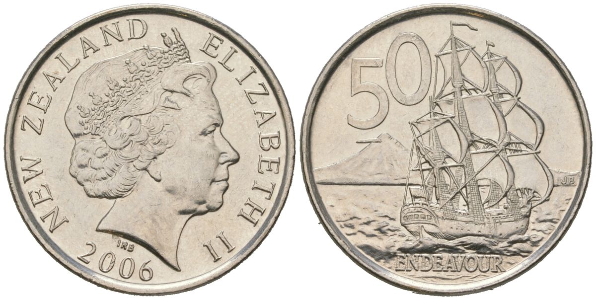 Новая Зеландия 50 центов 2006 Елизавета II (1952-2022), парусник Индевор KM 119a сталь плакированная никелем UNC 4620-226