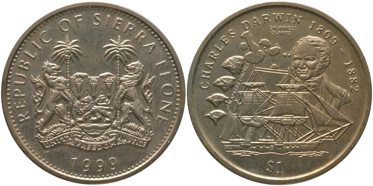 Сьерра-Леоне 1 доллар 1999 Чарльз Дарвин KM 115 медно-никель BU 4368-1024