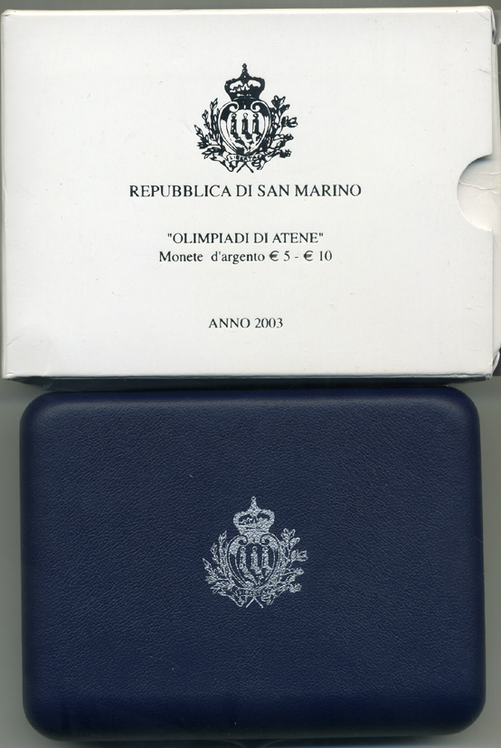 Сан-Марино набор 5 и 10 евро 2003 Олимпийские игры в Афинах 2004, виды спорта, в оригинальной коробке, с сертификатом KM 453, 454 серебро PROOF 7-1-64