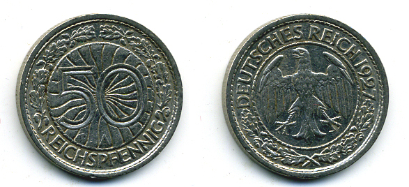 Германия 50 рейхспфеннигов 1927 A KM 49, J. 324 никель 58-147