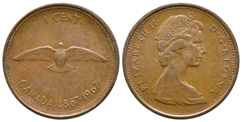 КАНАДА 1 ЦЕНТ 1967 ПТИЧКА, 100 ЛЕТ КОНФЕДЕРАЦИИ KM 65 бронза 177-956