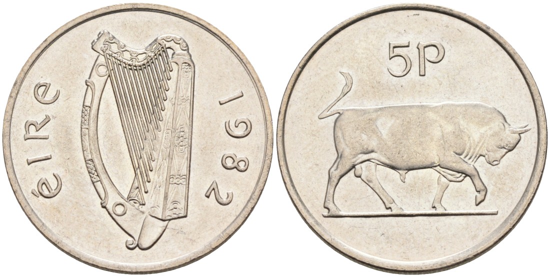 Ирландия 5 пенсов 1982 бык KM 22 медно-никель 4561-1157