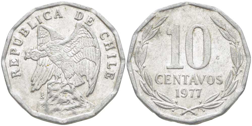 Чили 10 сентаво 1977 KM 205a алюминий 4402-412