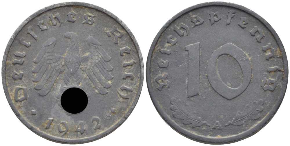 ГЕРМАНИЯ 10 РЕЙХСПФЕННИГОВ 1942 A KM 101, J. 371 цинк 4401-636