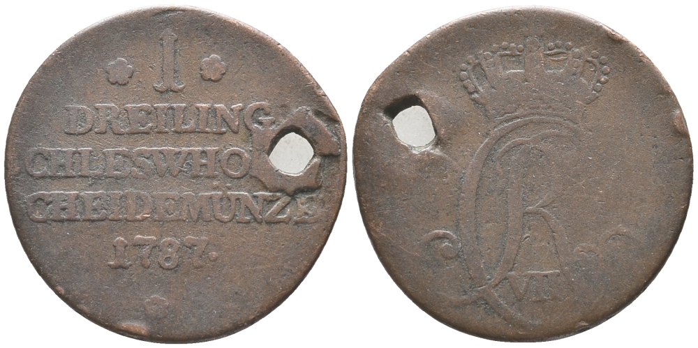 ШЛЕЗВИГ-ГОЛЬШТЕЙН 1 ДРЕЙЛИНГ 1787 КРИСТИАН VII ДАТСКИЙ(1784-1808) KM 1 медь 34-544