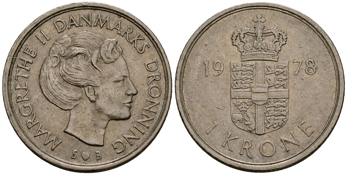Дания 1 крона 1978 S; B, Маргрете II (1972-) KM 862.1 медно-никель 4176-524