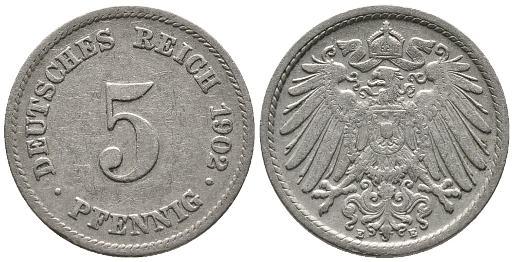 ГЕРМАНИЯ 5 ПФЕННИГОВ 1902 E KM 11, J. 12 медно-никель 39-756