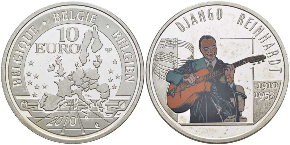 Бельгия 10 евро 2010 Джанго Рейнхардт (1910-1953), эмаль KM 304 серебро PROOF 1076-8-12