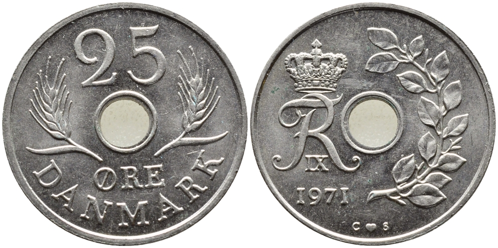 ДАНИЯ 25 ЭРЕ 1971 С; S, ФРЕДЕРИК IX (1947-1972) KM 855.1 медно-никель UNC 4391-1236