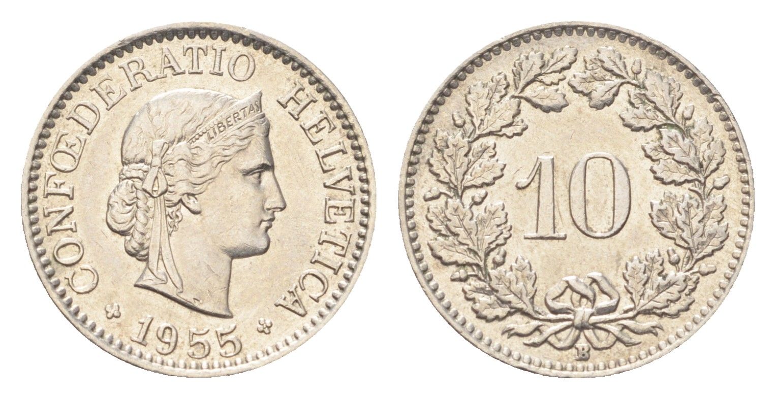Швейцария 10 раппенов 1955 B KM 27 медно-никель 4708-168