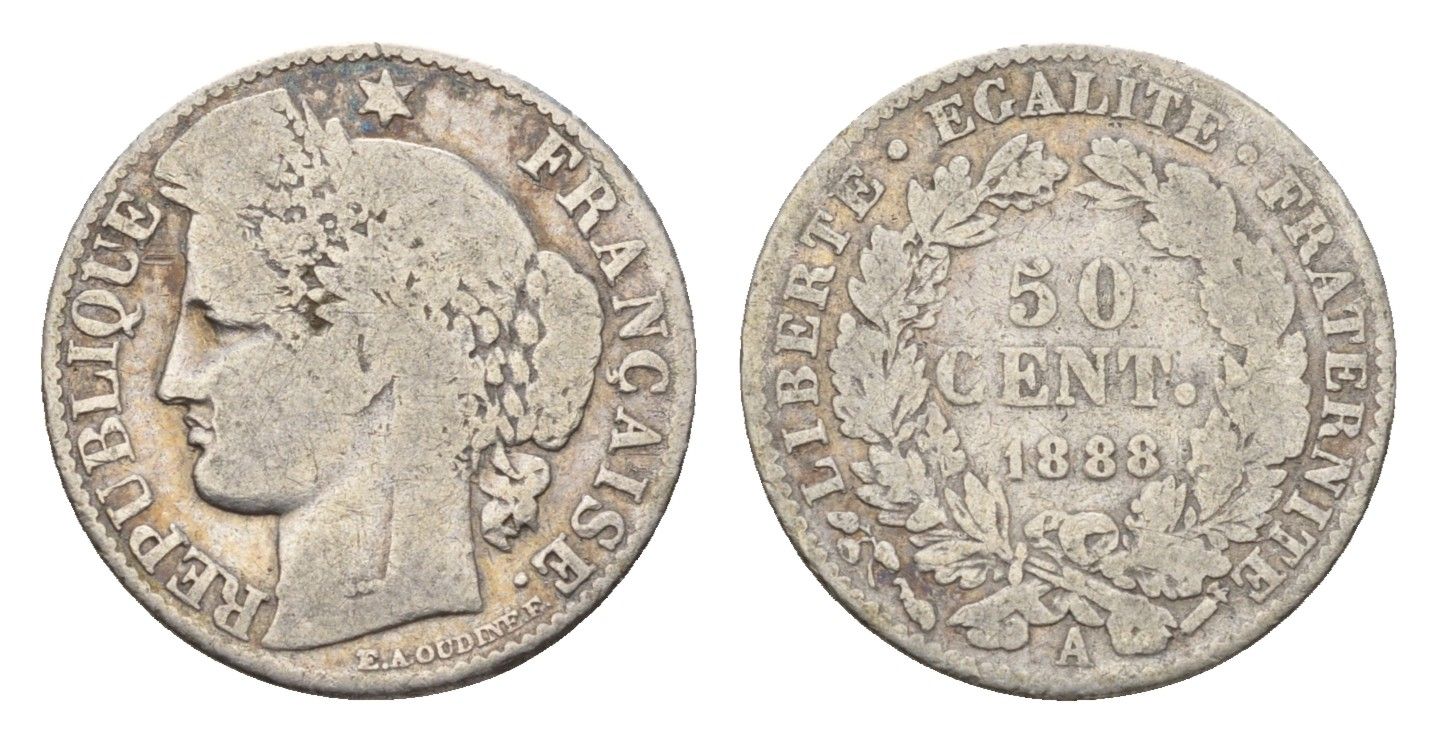 Франция 50 сантимов 1888 A KM 834 серебро 4169-1147