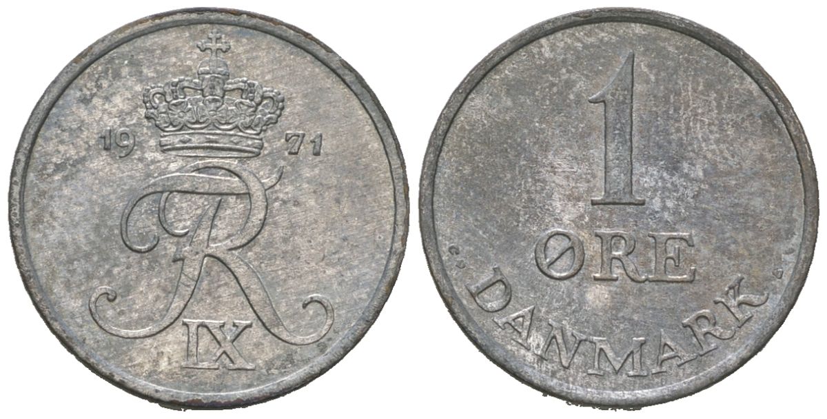Дания 1 эре 1971 C; S, Фредерик IX (1947-1972) KM 839 цинк 211-212