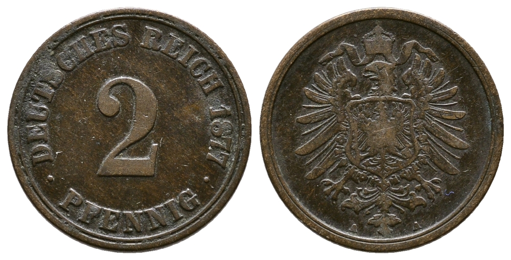 Германия 2 пфеннига 1877 А, старогербовка KM 2, J.2 медь 4364-2722