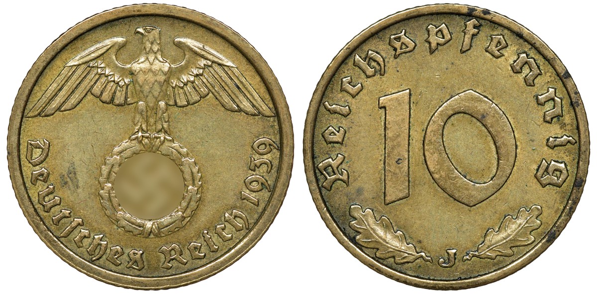 Германия 10 рейхспфеннигов 1939 J, KM 92, J. 364 алюминиевая бронза 72-1415