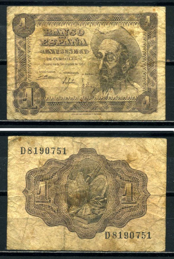 Испания 1 песета 1951 19 ноября 1951, Дон Кихол де Ла Манча Pick 139a бумага 8590-4-3-2