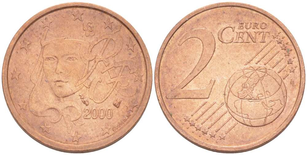Франция 2 евроцента 2000 KM 1283 сталь плакированная медью 218-133
