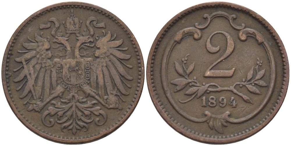 АВСТРИЯ 2 ГЕЛЛЕРА 1894 ФРАНЦ ИОСИФ (1846-1918) KM 2801 бронза 100-136