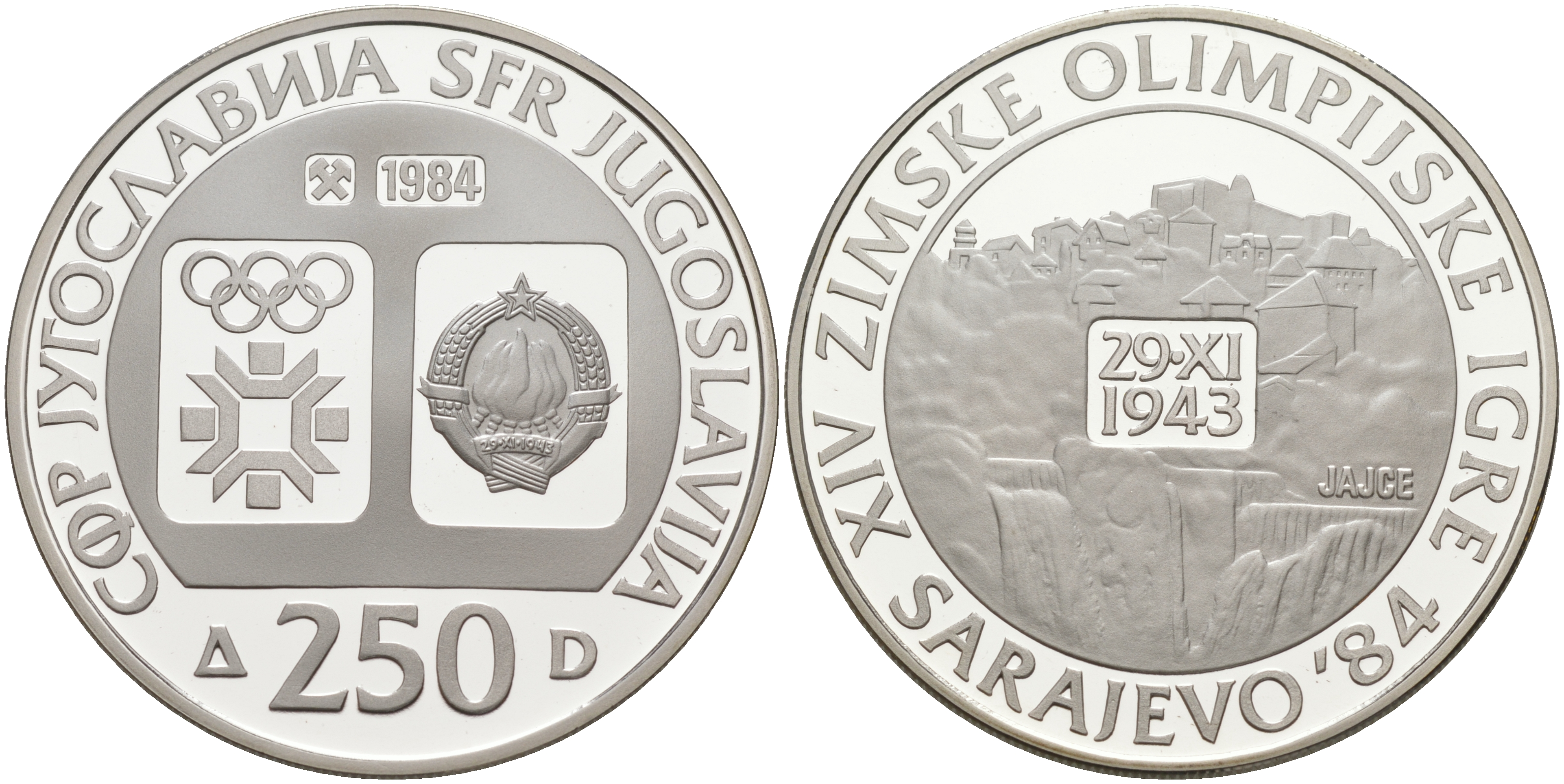 Югославия 250 динаров 1984 XIV зимние Олимпийские игры в Сараево 1984 года, ГОРОД ЯЙЦЕ 29 НОЯБРЯ 1943 KM 107 серебро PROOF 1087-10-33