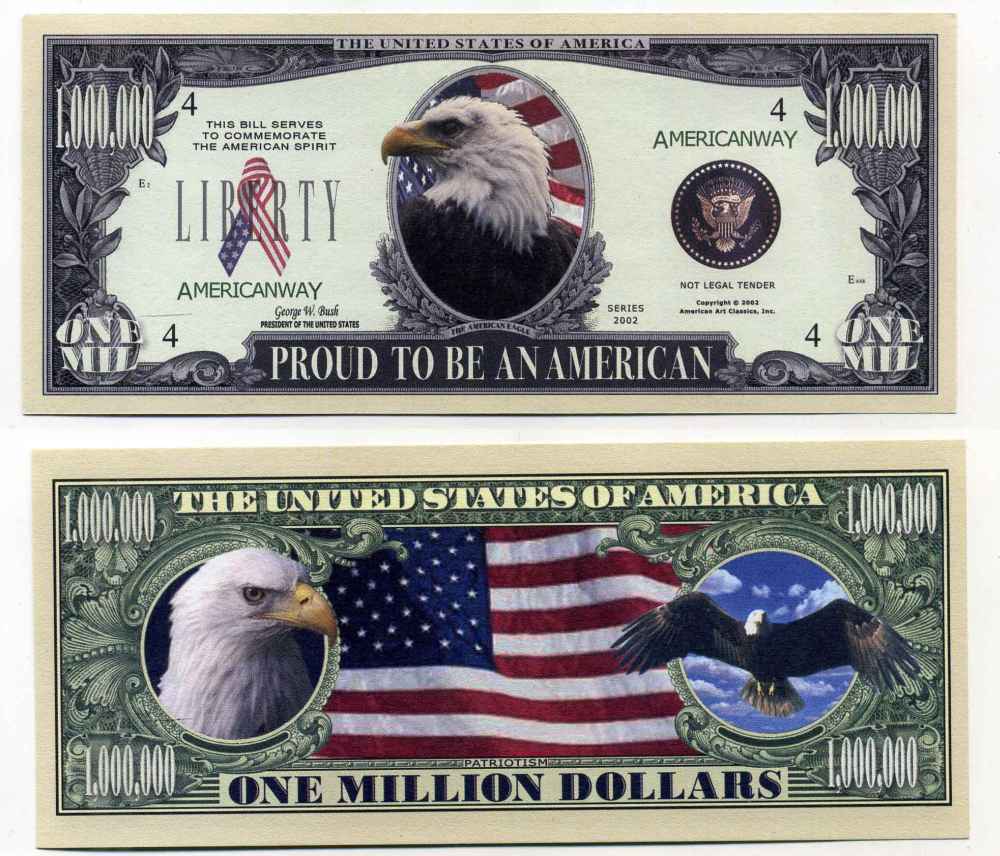 США 1000000 ДОЛЛАРОВ 2002 СУВЕНИРНАЯ БАНКНОТА, АМЕРИКАНСКАЯ СВОБОДА, ОРЕЛ СИМВОЛ СВОБОДЫ бумага UNC (ПРЕСС) 8588-69-3-1