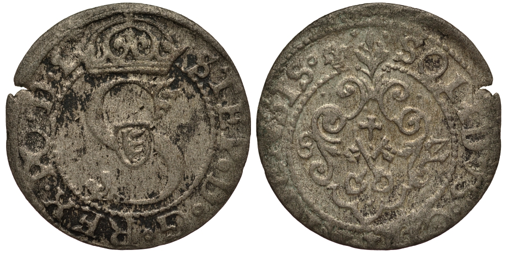 Рига 1 шиллинг (шеляг) 1582 Стефан Баторий (1576-1586), вес 0,89 гр. серебро 1516-1542