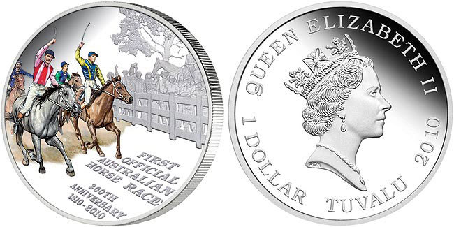 Тувалу 1 доллар 2010 100 лет первым Австралийским скачкам, цветная эмаль KM NEW серебро PROOF 1074-2-54