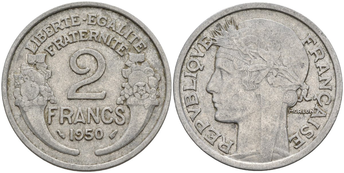 Франция 2 франка 1950 KM 886a, Le Franc 269.10 алюминий 4144-343