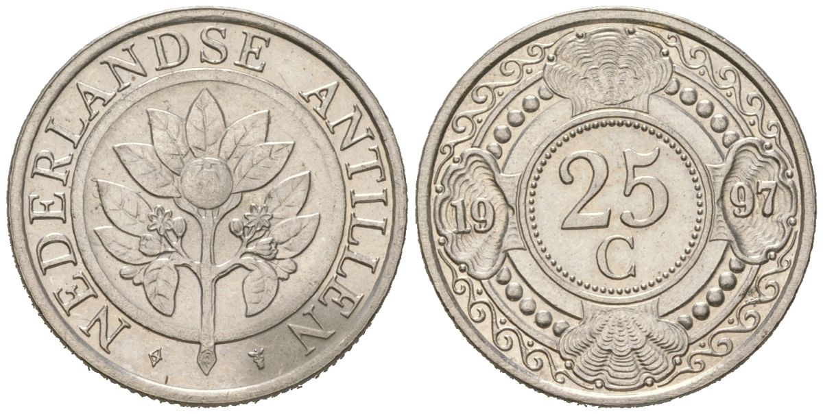 Нидерландские Антилы 25 центов 1997 KM 35 сталь плакированная никелем UNC 4167-217